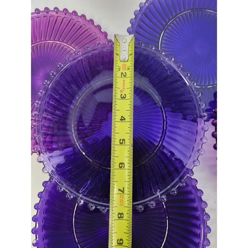 Purple Glass Salad Plates Set of 7 Beaded Rim Sunburst Ribbed Amethyst 8.25 inch